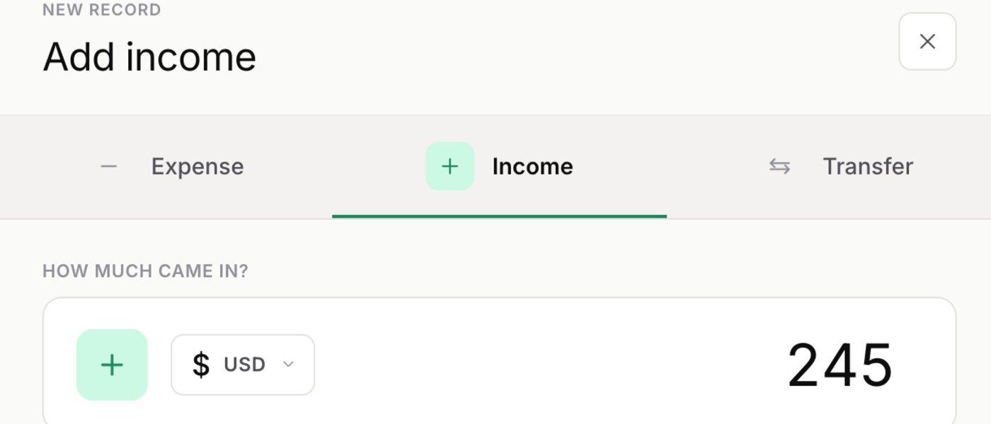 The add-record drawer: expense, income and transfer tabs, an amount field with currency, source, destination account, who it belongs to, and a date.