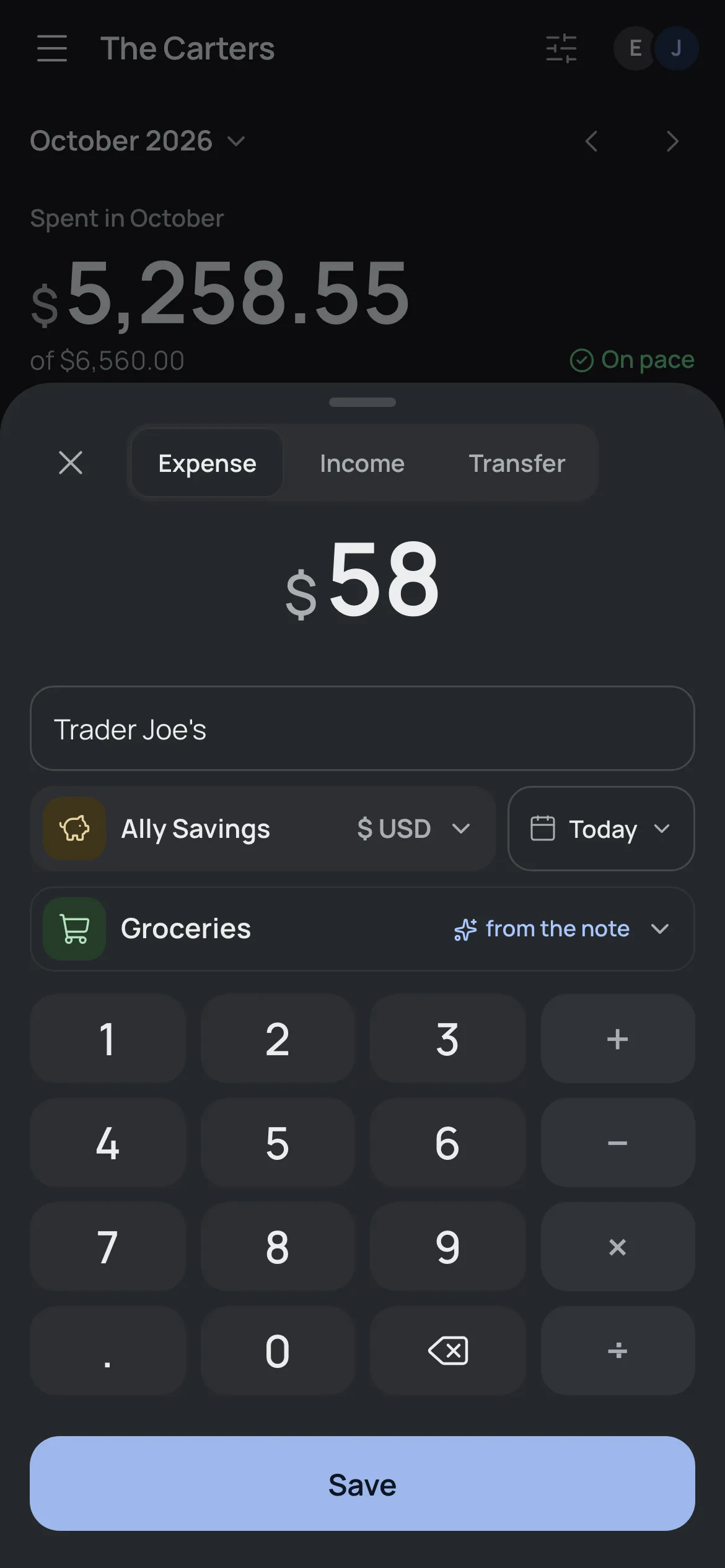 An entry in seconds: the amount, a note, and YABA picks the category.