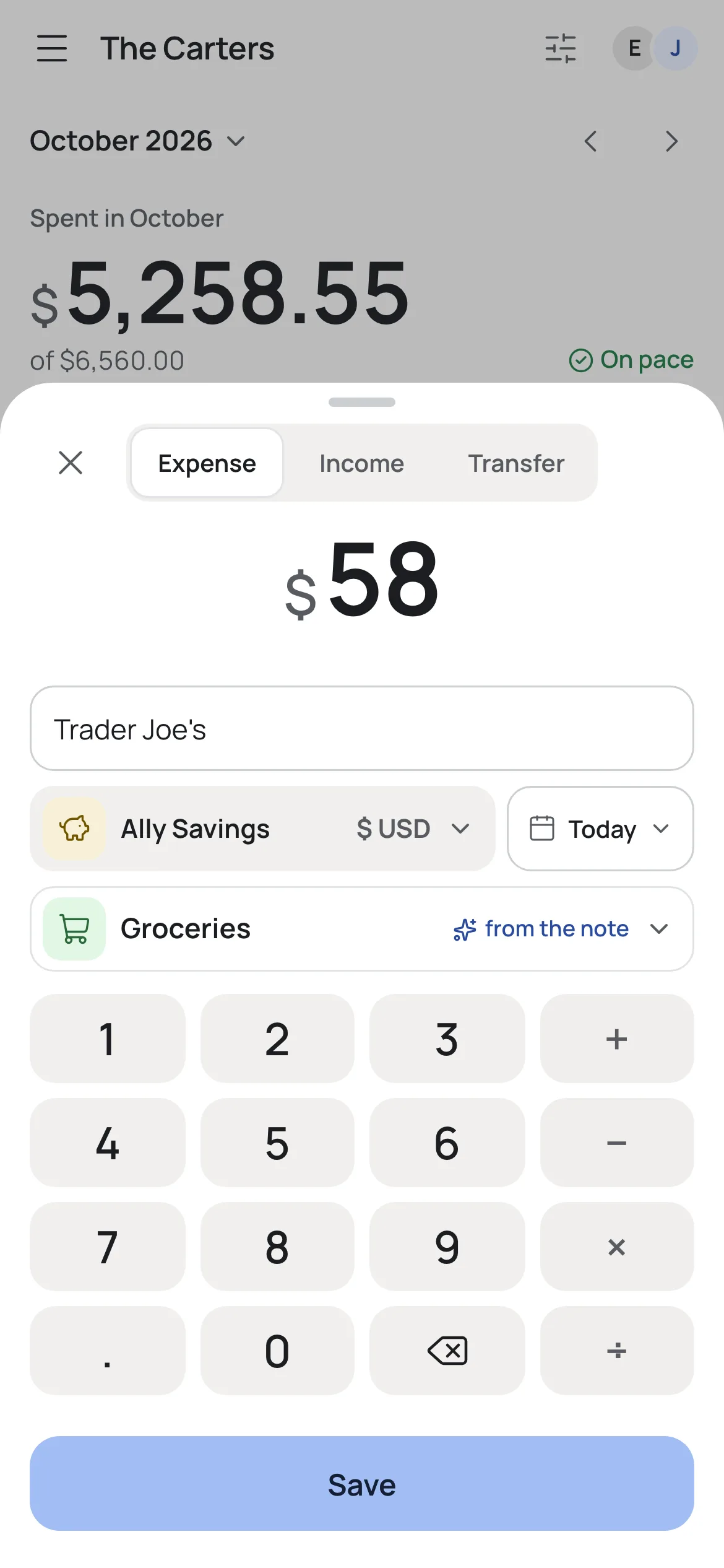 An entry in seconds: the amount, a note, and YABA picks the category.