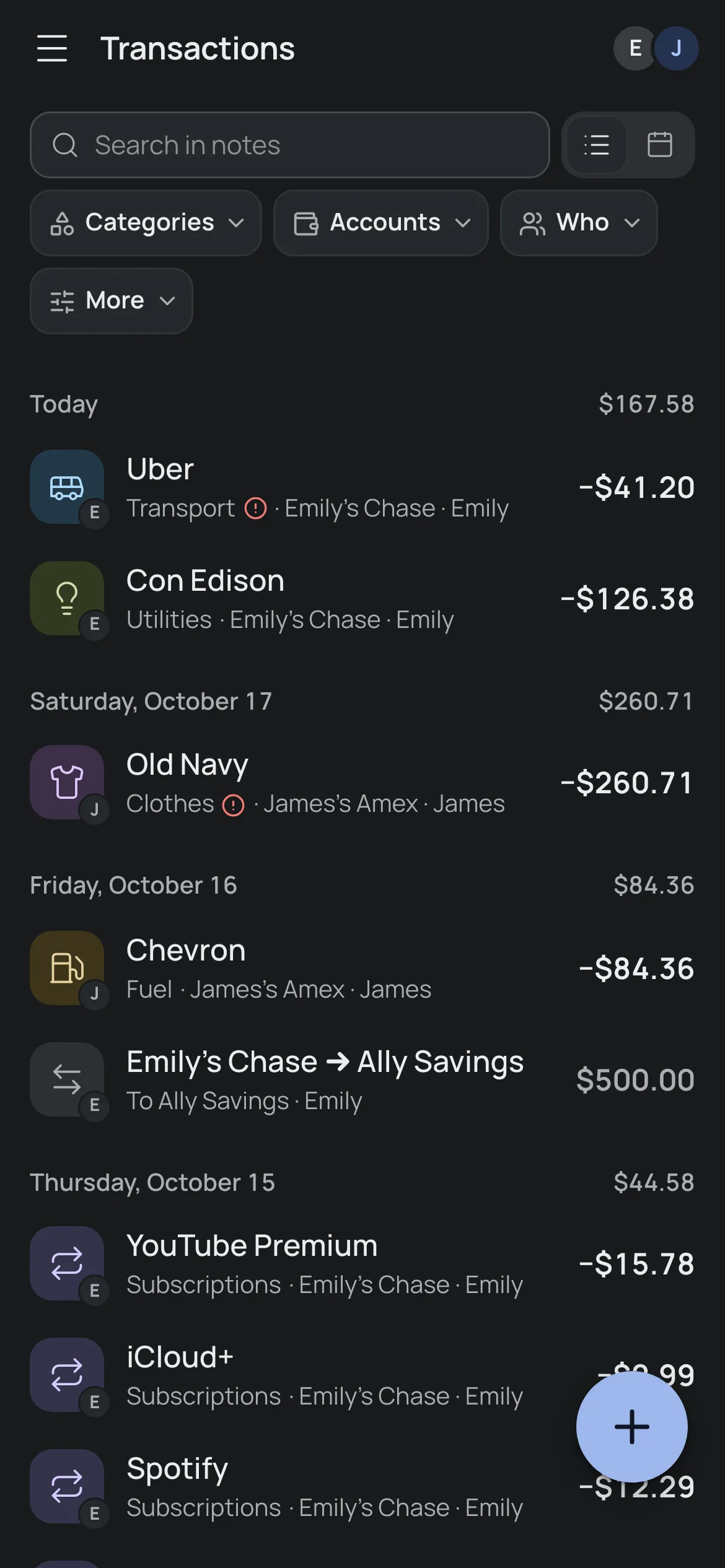Monobank payments in the feed, with the category and whose card it was.