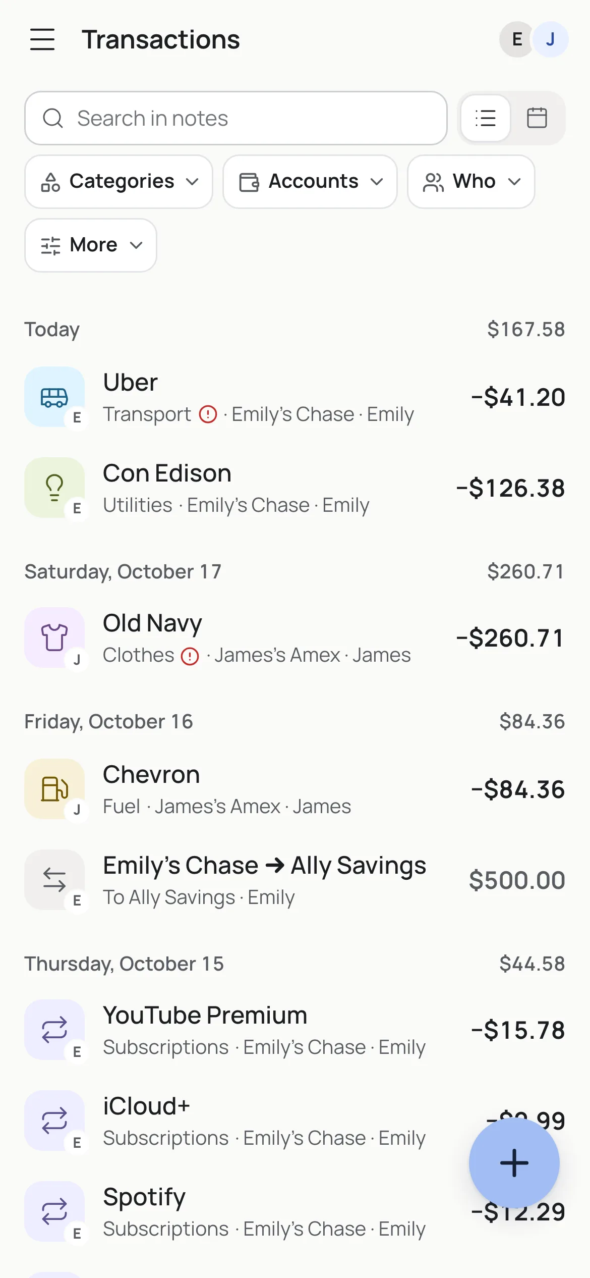 Monobank payments in the feed, with the category and whose card it was.
